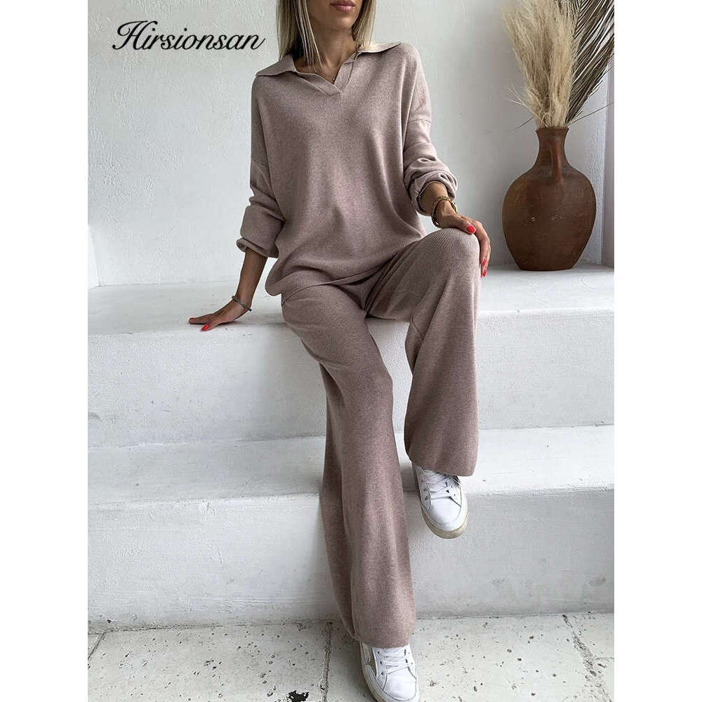 Hirsionsan Cashmere Turn Down Neck Knitted Sets Women 2023 Winter Casual Two Pieces Sweater And Pants Loose Outfits Tracuit