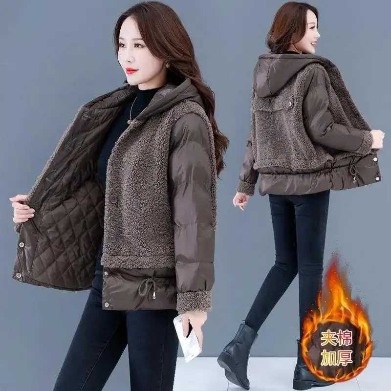 Loose Lamb Wool Jackets Women Autumn Winter Coat 2023 casaco feminino Thick Fashion Hooded Outerwear Female Down Cotton JacketX241018