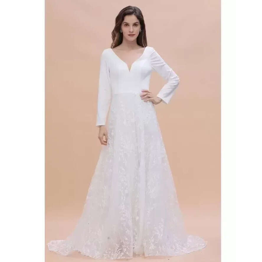 Long Modern Sleeve Boho Princess Wedding Dresses V Neck Covered Button Backless Lace Train Bridal Gown Vestido De Novia Bc Estido estido