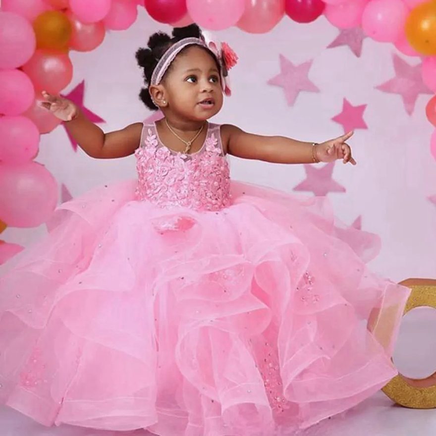 Pink Little Kids Birthday Party wer Girl Dresses Sheer Neck Appliqued Lace Tiered Tulle Beaded wergirl Dress Princess Queen Marriage Gowns