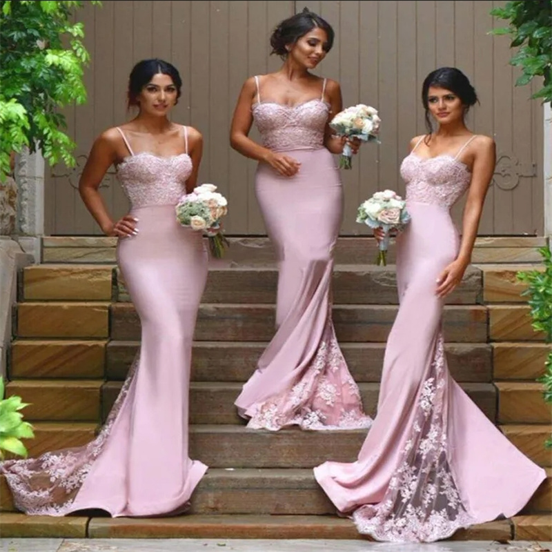 Elegant Pink Bridesmaid Dresses With Lace Sexy Spaghetti Straps Mermaid Wedding Guest Dress Satin Sweep Train Formal Evening Prom Dress Robe De Soiree