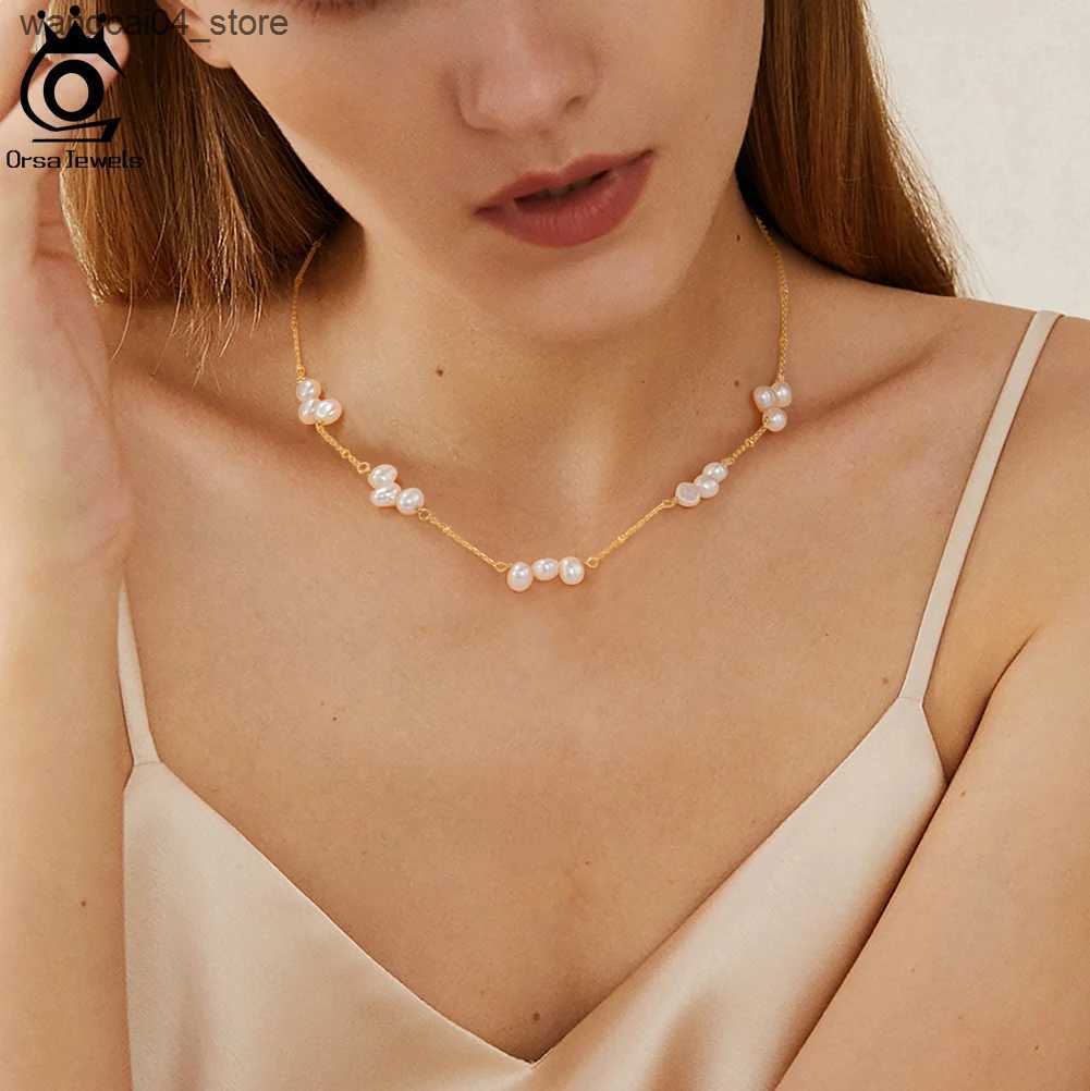 Chokers ORSA JEWELS Natural Pearl Necklace 925 Pure Silver Retro Pearl Necklace Womens Simple Necklace Accessories GPN47 L240910