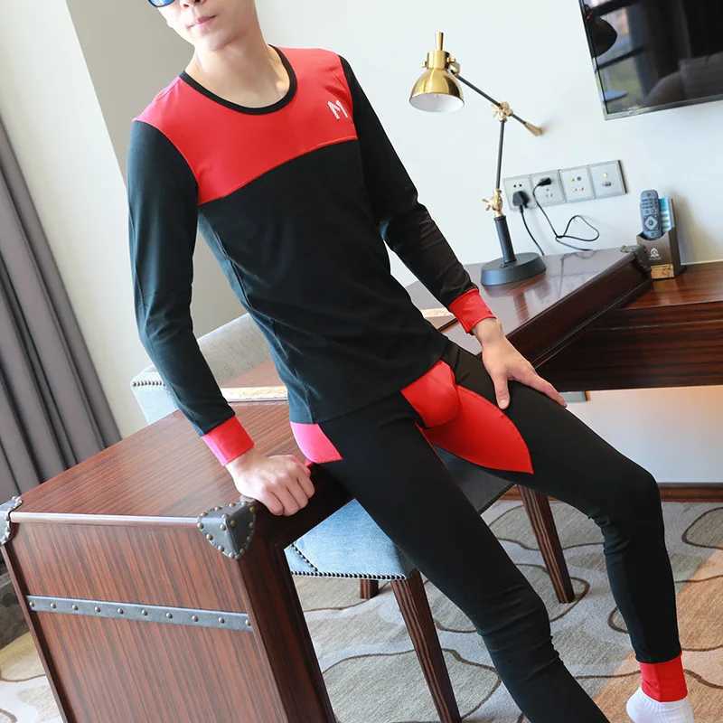 Mens Thermal Underwear Mens thermal underwear suitable for young people round neck basic thin fitting autumn clothing and pants set Tnnager bottom und