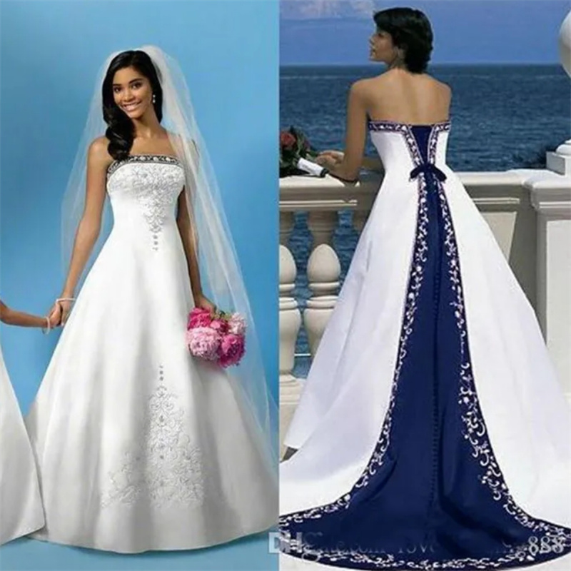 Fancy Navy Blue Gothic Wedding Dresses Sexy Strapless Embroidery Beaded Corset Country Bride Dress Elegant Women Garden Beach Satin Bridal Vestio De N