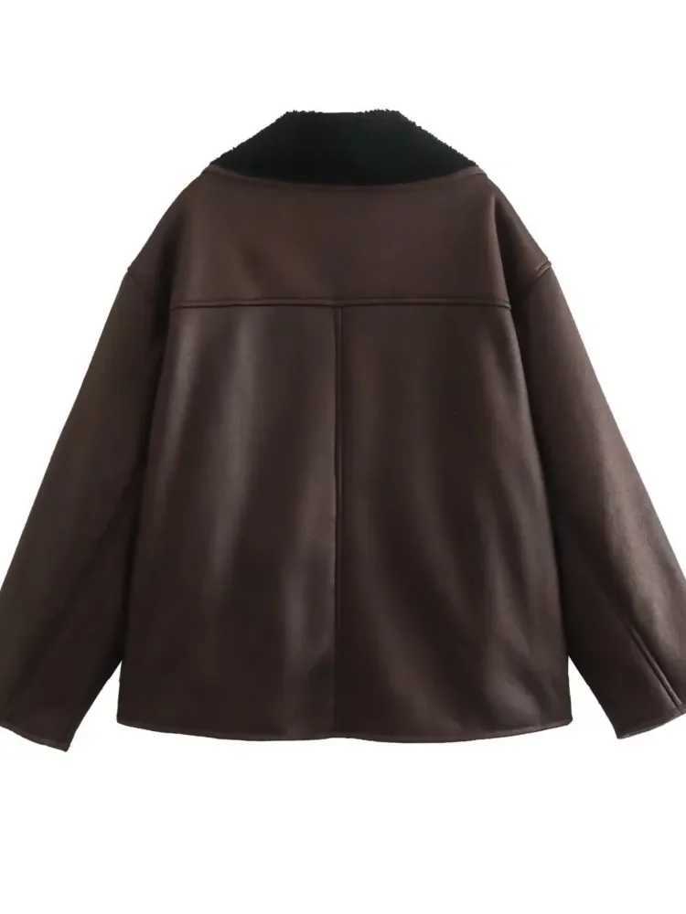 Vintage Lapel Faux Leather Lambswool Jacket Women Thick Single Breasted Long Sleeve Pocket Coats Autumn Warm Female StreetwearX241018