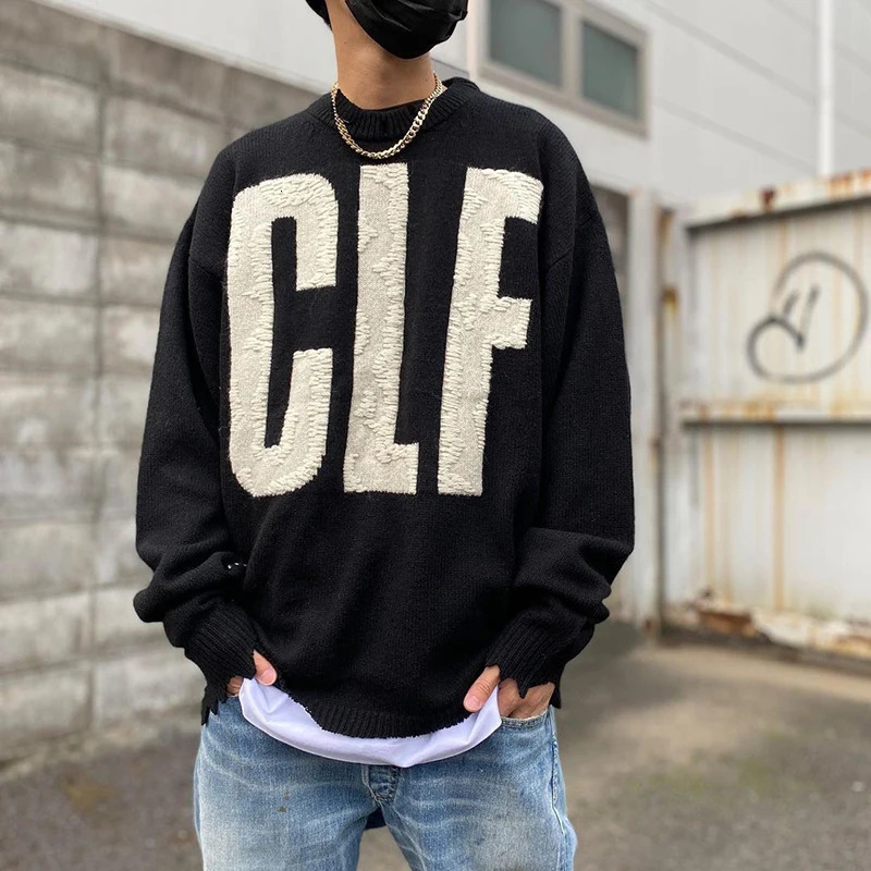 CLF Saint Autumn and Winter Wool Tassels Hole Sweater Street Fashion Letter Embroidery High Quality Men Women 1 Pullover 241018