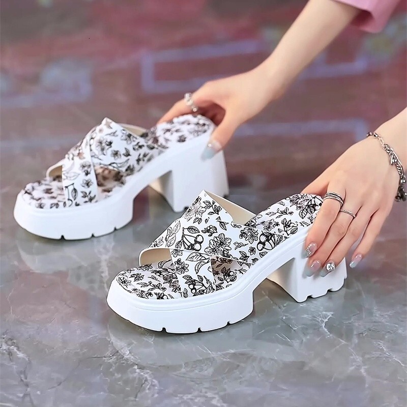 New Chinese Style Soled High Sandals Women S Outerwear New Summer Printed Thick Heeled Fashionable Slippers For Ddmythur
