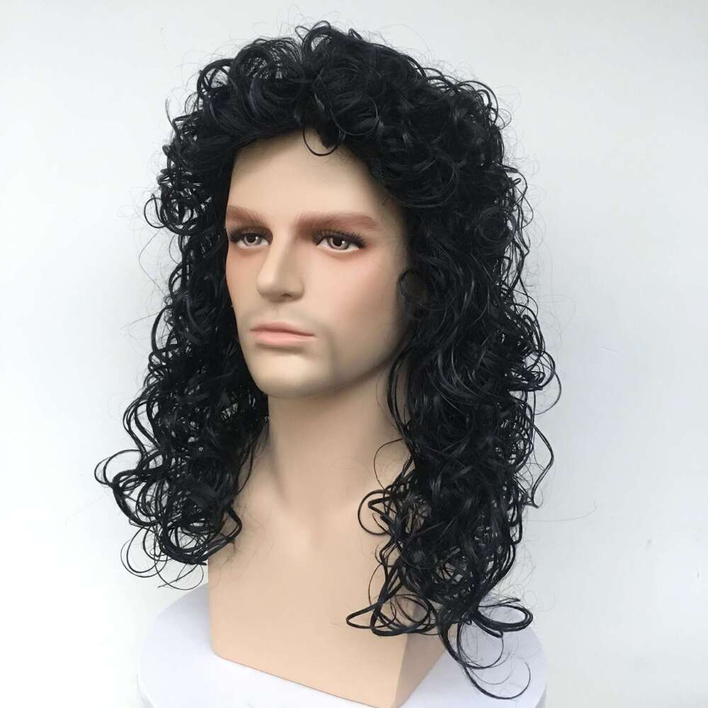 Men's Cosplay Black Fluffy Long Synthetic Small Curly Hair Wig