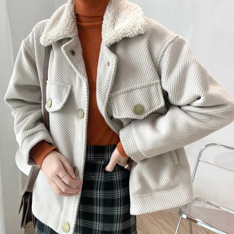 LMQ NEW Winter Women Parkas Lamb Wool Lapel Thick Warm Padded Coat Female Solid Chic 2020 Casual Long Sleeved Tops Loose JacketX241018
