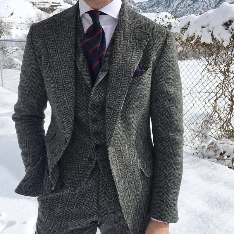 Gray Wool Tweed Men Suits For Wedding Winter Herringbone Formal Groom Tuxedo 3 Piece Male Fashion Costume Blazer Vest With Pants