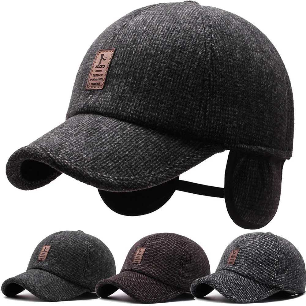 New Baseball Cap Woolen Knitted Winter Ear Cover Baseball Cap Man Thicken Warm Hats with Earflaps Sport Golf Hats SnapbackX241018
