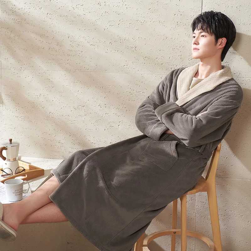 Autumn Winter Bathrobe Men Warm Flannel Sleep Top Kimono Robes For Male Coral Velvet Robes Long Bath Robe Bride Robe Dress GownXJ241018