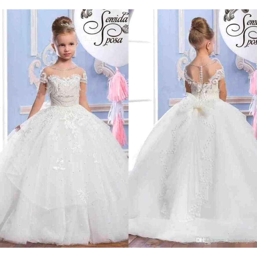 White Ball Wer Modern Girls Tulle Applique Beaded Sheer Neck Princess Girls' Pageant Party Dresses Birthday Gowns Ba5120 '