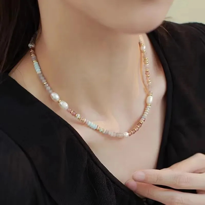 Minar Boho multi-color natural stone crystal freshwater pearl bead necklace suitable for women 14K pure gold copper plated necklace 241018