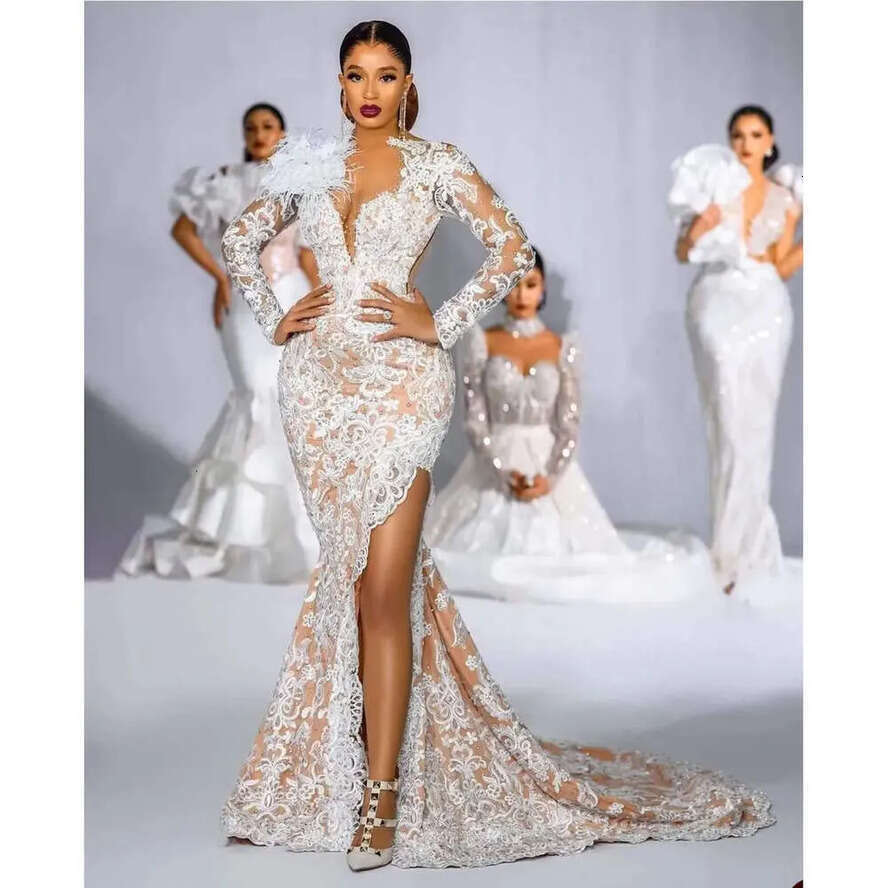 V Sleeves Neck Dresses Wedding Long Glamorous Mermaid Lace Pearls Feathers Zipper Court Custom Made Plus Size Bridal Gown Vestidos De Novia estidos