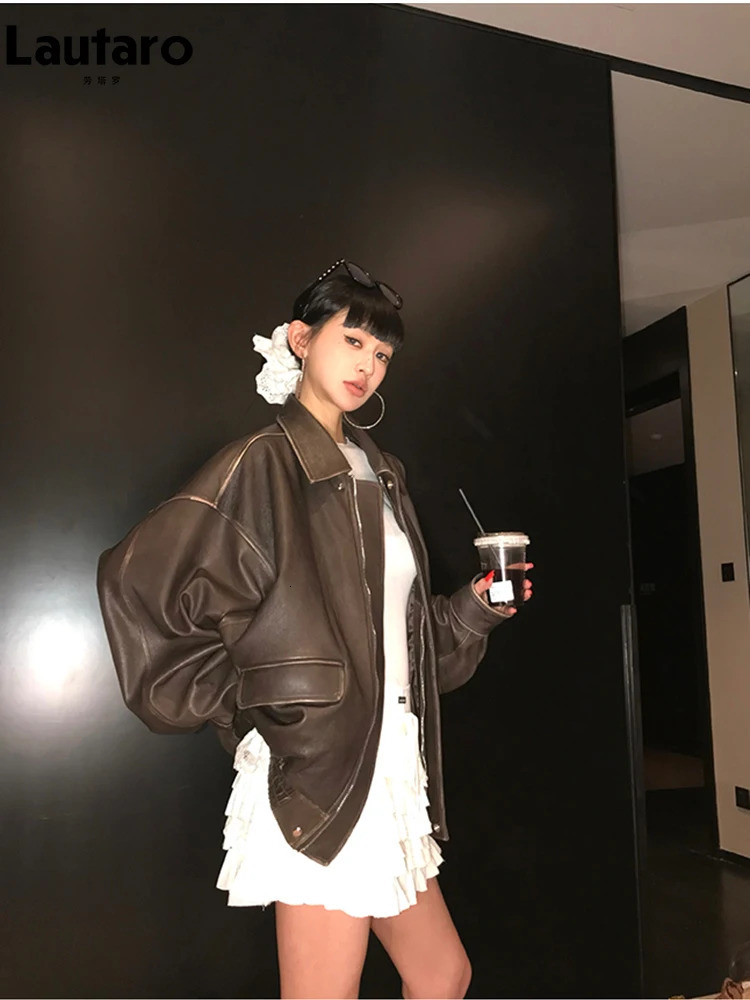 Lautaro Spring Autumn Cool Handsome Retro Oversized Distressed Brown Soft Faux Leather Jackets for Women Zipper Runway Fashion 241018