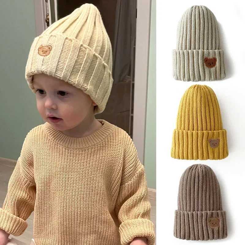 2023 Korea Spring Autumn Kids Boys Hat Candy Color Baby Boys Beanies Knit Hat Baby Girls Bear Head Embroidery Kids Knitted Hat LX241018