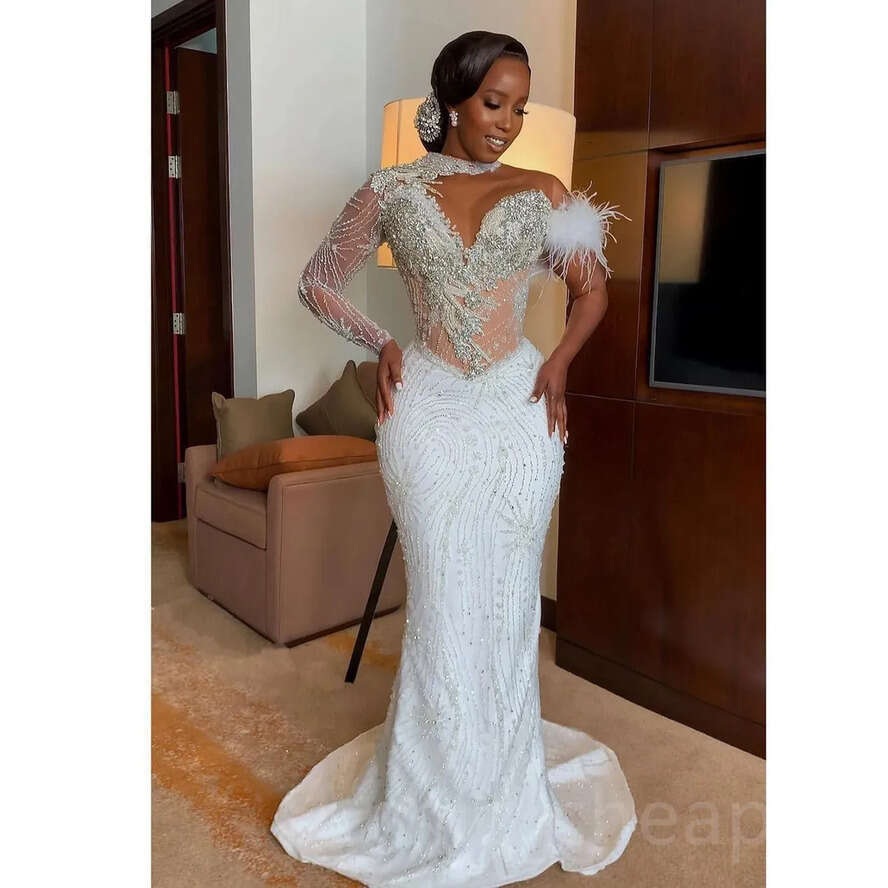 Designer Dresses Wedding Mermaid Bridal Gown Crystals Beaded One Shoulder Long Sleeves Feather Satin Ruffles Custom Made Vestidos De Novia Plus Size