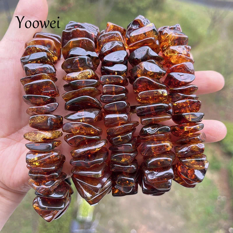 Large amber bracelet suitable for unisex unique natural genuine Piebald plants square irregular Diy beads exposed jewelry supplier 241018