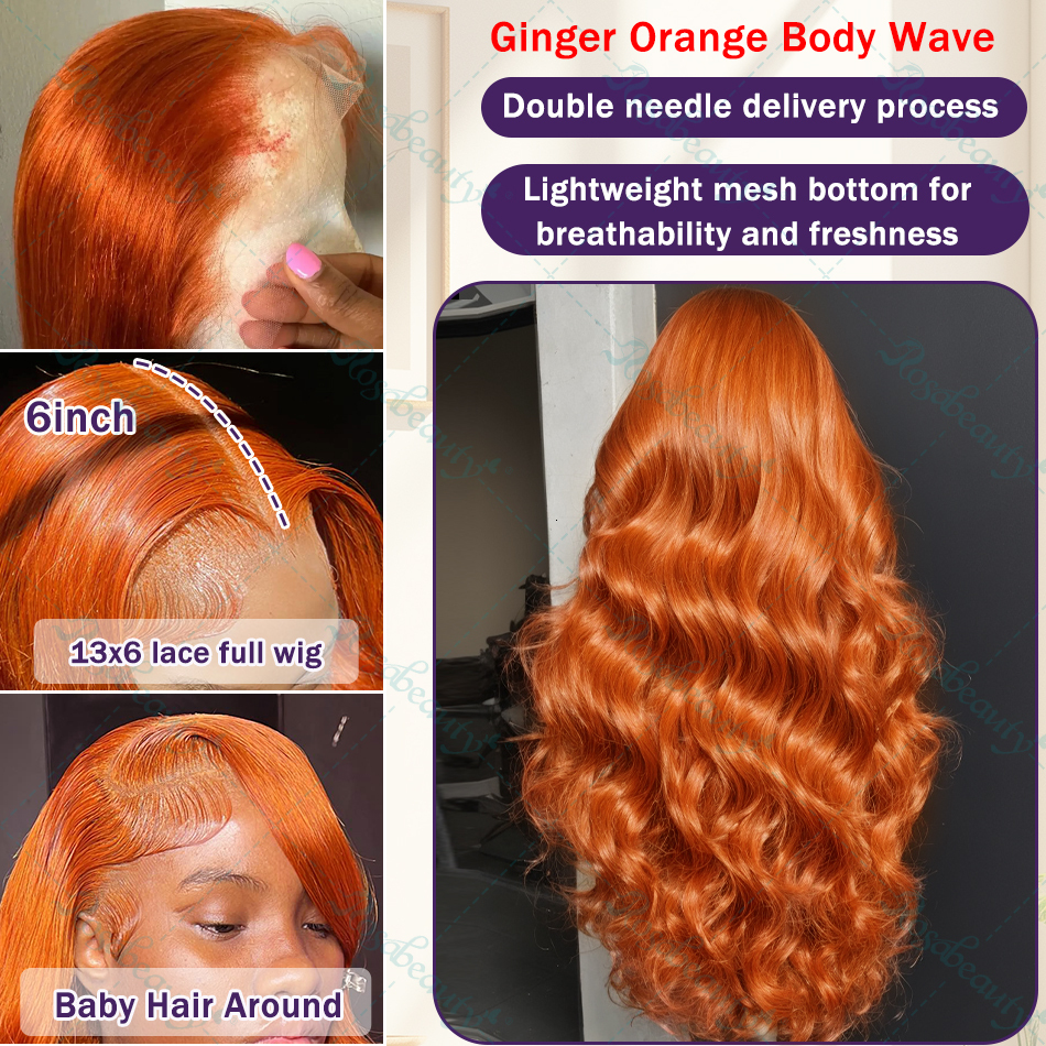 Ginger Orange Body Wave 13X4 Front Wigs Human Hair 13X6 Frontal Pre Plucked Transparent Lace 350 Color Wig