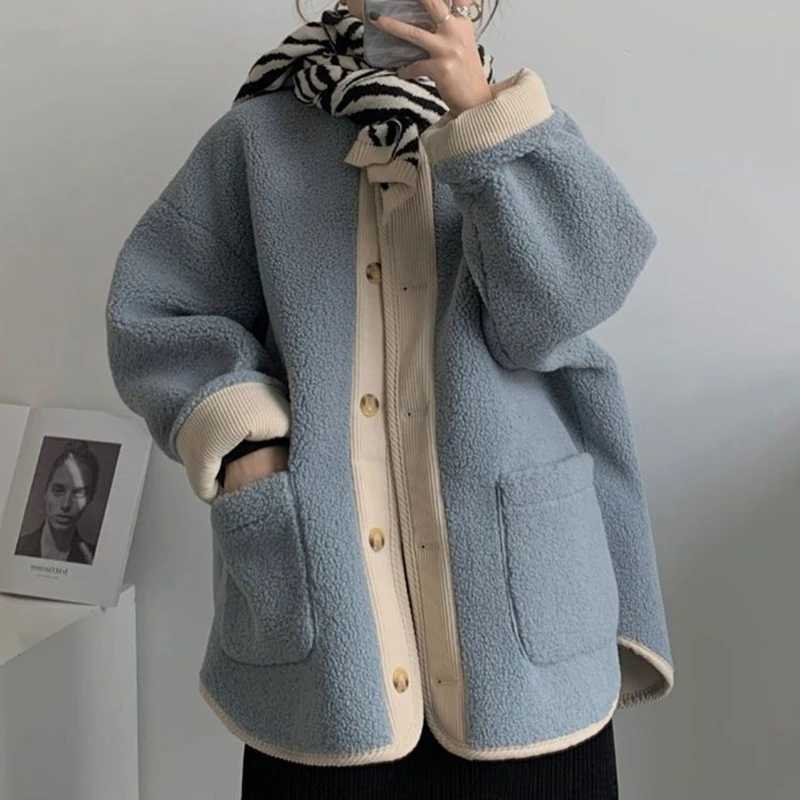 Hdspq Contrast Vintage Lamb Wool Jacket Women Fashion O-Neck Single Breasted Plush Coats Woman 2023 Autumn Winter Warm OuterwearX241018
