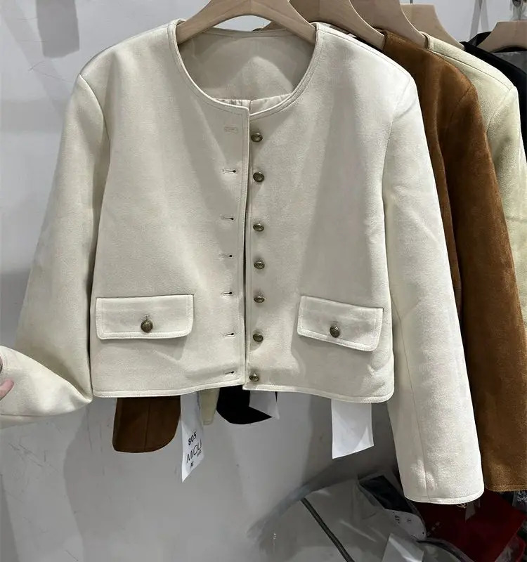 Short Coat Suede Small Fragrance Spring WomenS French Round Neck Solid Color Casual Top Autumn 241018