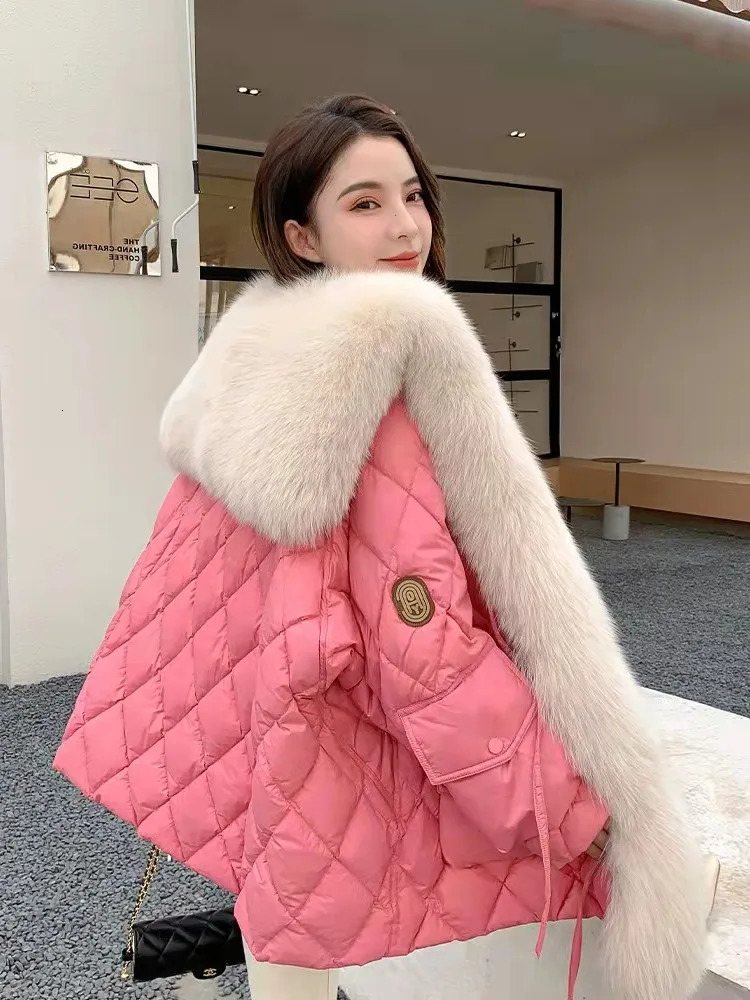 Light Faux Fox Fur Sailor Collar Bright Color down Cotton Jacket Coat Parka Womens MidLength winter clothes women 241018