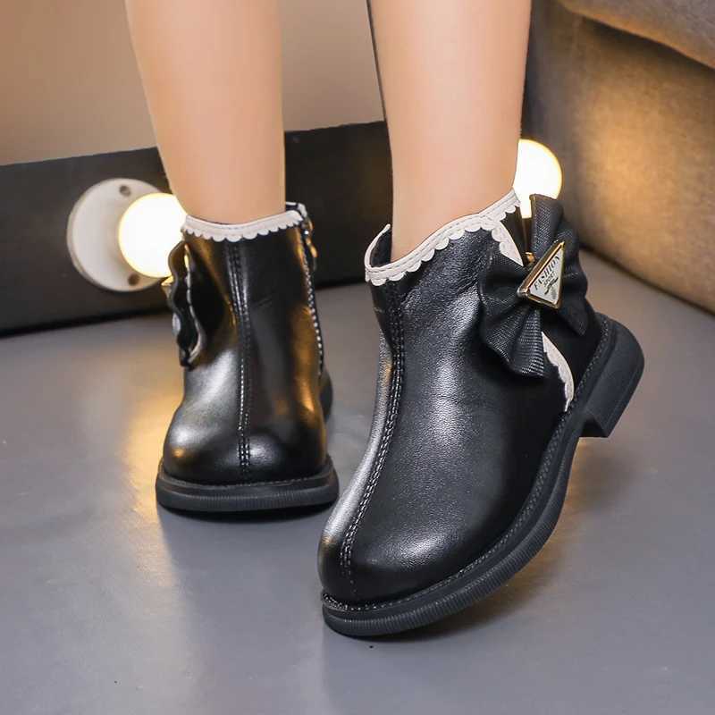 Boots Girls Fashion Princess Boots with Bow-knot Lace Solid Color Sewing Cute Children Short Leather Boots 2024 Spring Autumn New H241018