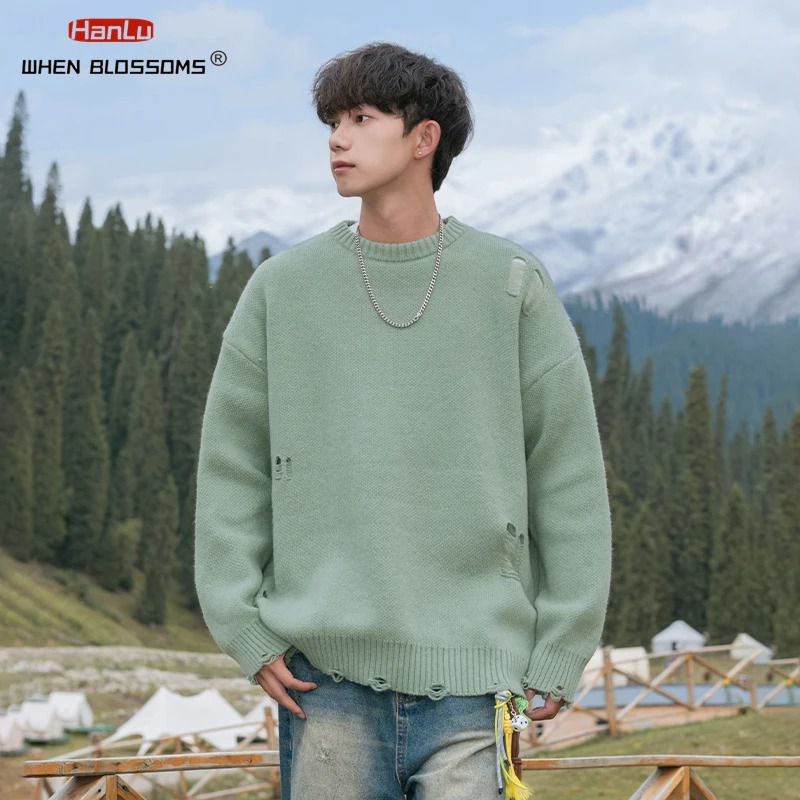 Vintage Loose Hole Breaking n Sweaters Solid Knitted Jumper Men Harajuku Hip Hop Oversized Pullover Black Sweater 241018