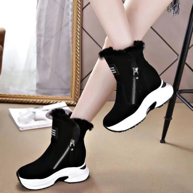 Wedge shoes womens suede snow boots warm plush smooth zipper fashionable womens winter womens mid calf womens platform boots241018