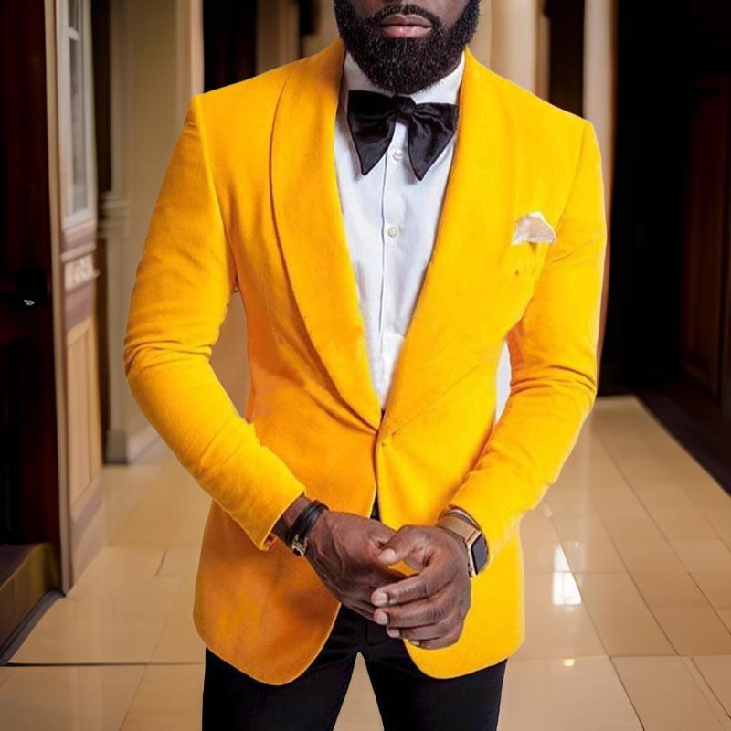 Yellow Velvet Suits for Mens Prom Slim Fit Terno Wedding Groom Tuxedo 2 Piece Blazer with Black Pants Male Fashion Costume