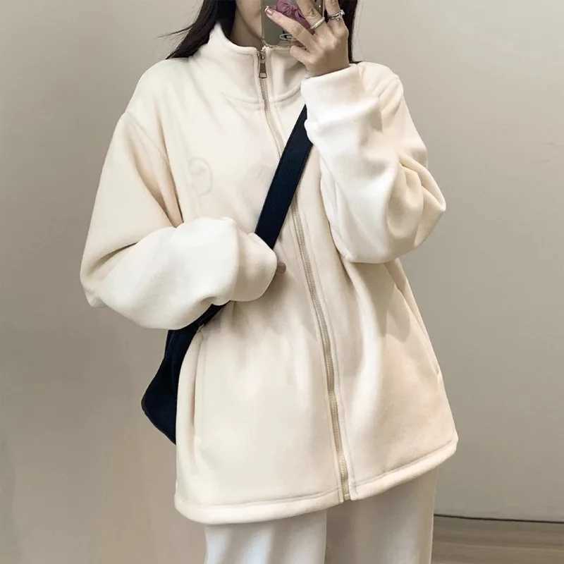 Women Zip Hoodie Thicken Fuzzy Fleece Sweatshirts Lamb Wool Zipper Thickened Oversize White Stand Collar Coats Soft OuterwearX241018