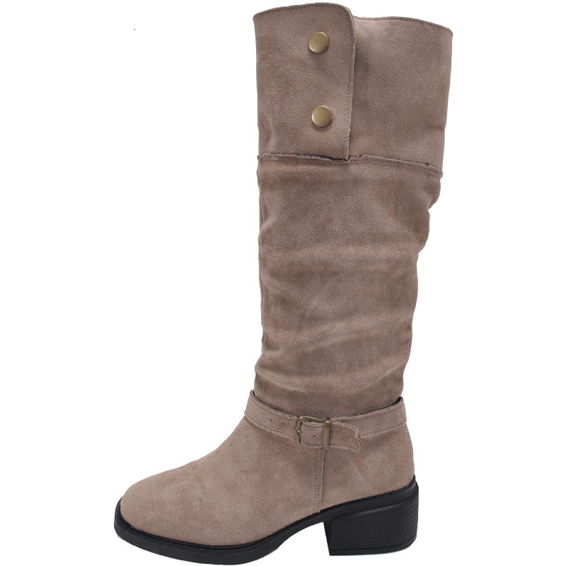 French style square heel boots for women, knee length boots, 2024 autumn and winter new women's boots, pleated Martin boots