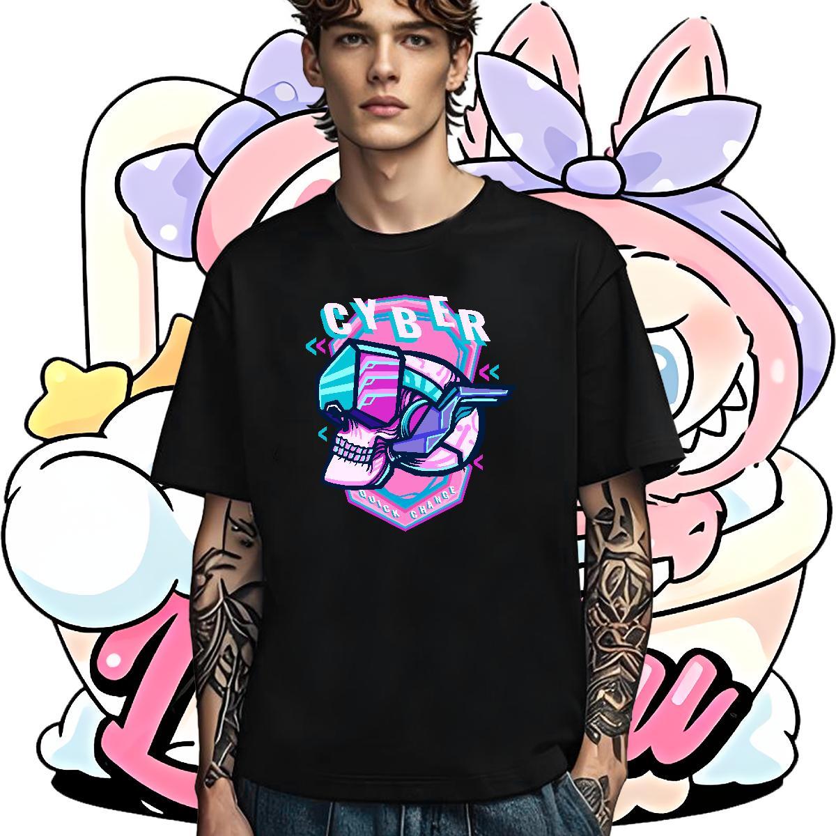 Unisex T shirt 230g Pure Cotton skull Sports Casual Floral Print Short Sleeve O-Neck Men Tshirts New Wear