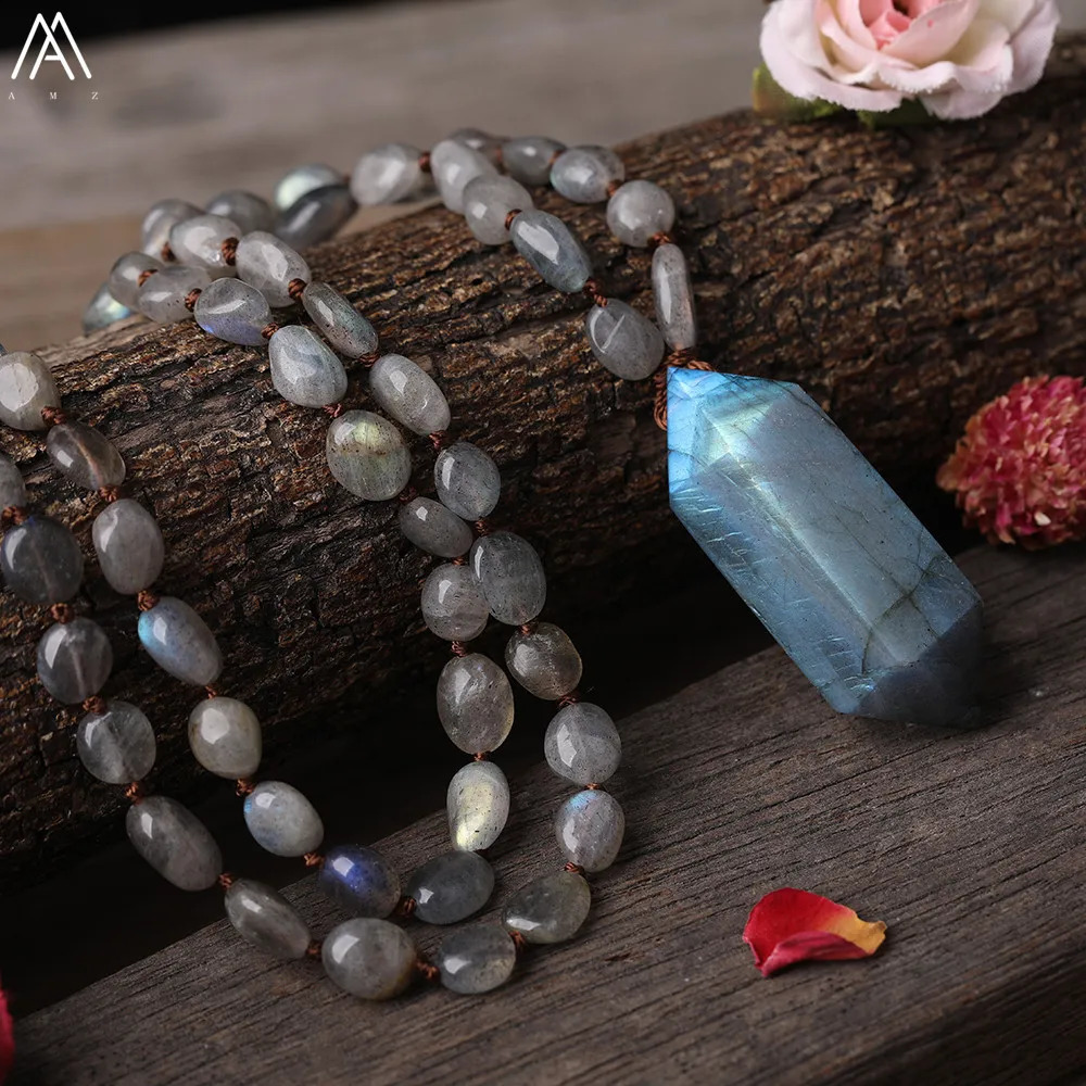 Natural Labrador Stone Double Point Pendant Labrador Stone Irregular Chip Bead Knot Mara Yoga Necklace Jewelry 241018