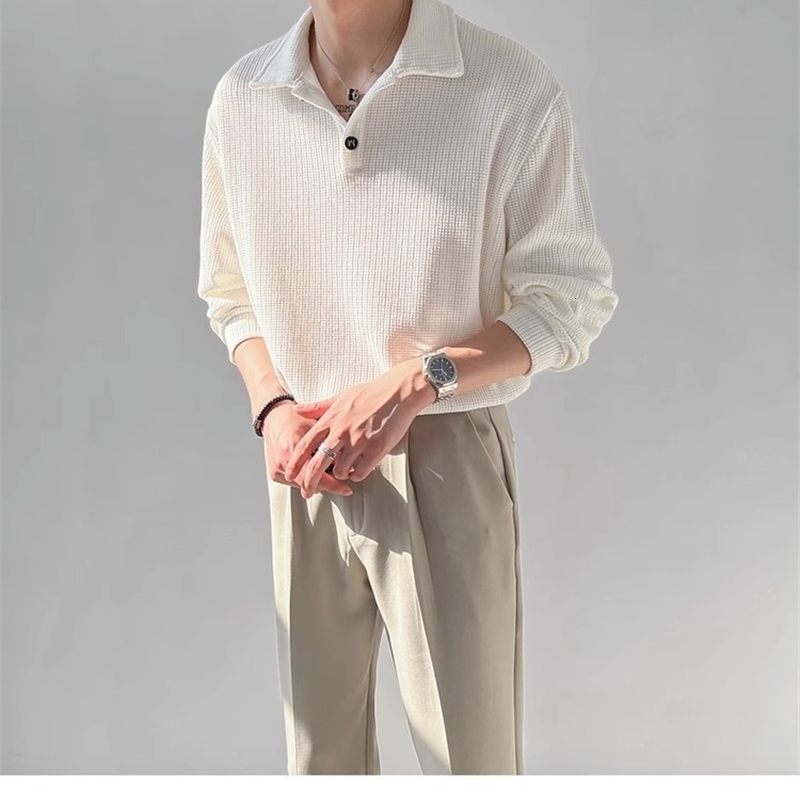 Spring Autumn Men Long Sleeve Polo Neck Loose T-shirt Casual Base Shirt Breathable Other Fiber Mixed Korean Style 241017