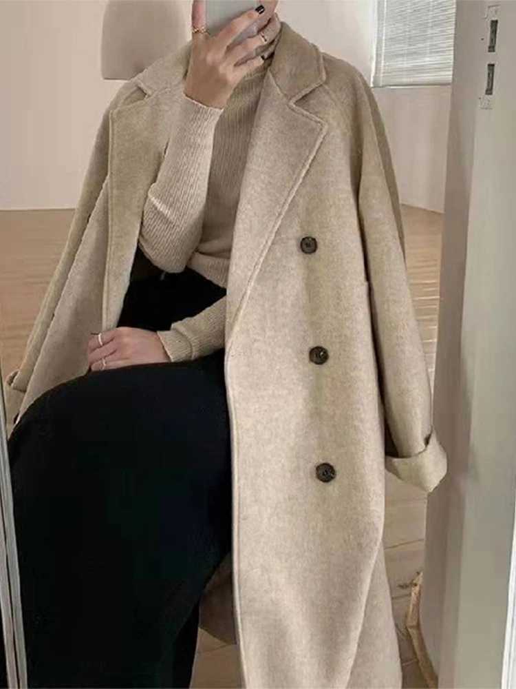 Women Loose Thicken Tweed Overcoat 2023 New Autumn Winter lace up Simple Fashion Solid 2 Sets Jacket Female Oversize Casual CoatX241009