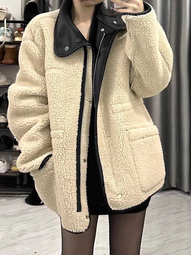 Womens Reversible Lamb Fleece Motorcycle Coat American Winter Coat Retro Versatile Loose and Worn ThickenedX241018