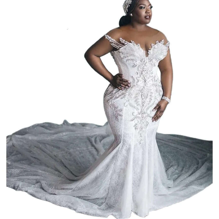 Wedding Arabic Mermaid Sexy Dresses Illusion Full Lace Appliques Sier Rhie Crystal Beading Cap Sleeves Chapel Train Formal Bridal Gowns Plus Size