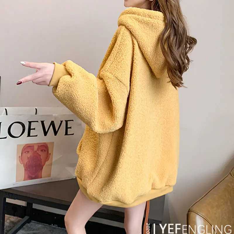 Winter Thick Lamb Wool Casual Women Hoodie Yellow Loose Lady Sweatshirt Embroidery Cartoon Cute Little Sheep Pullover FemaleX241018