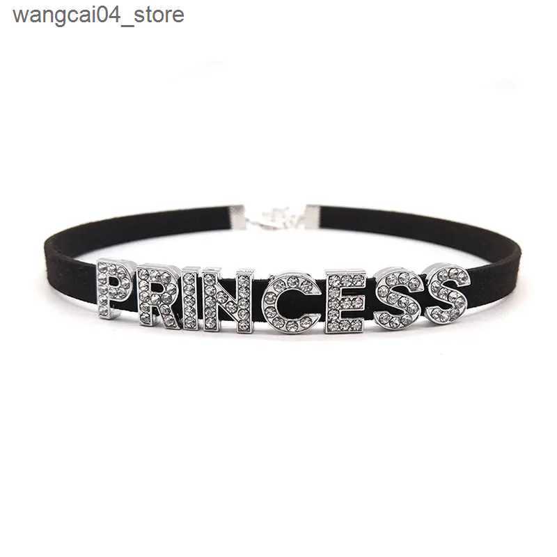Chokers Diamond Princess Letter Necklace Womens Fashion Black Velvet Leather Necklace Party Club Gothic Jewelry Gift L240910