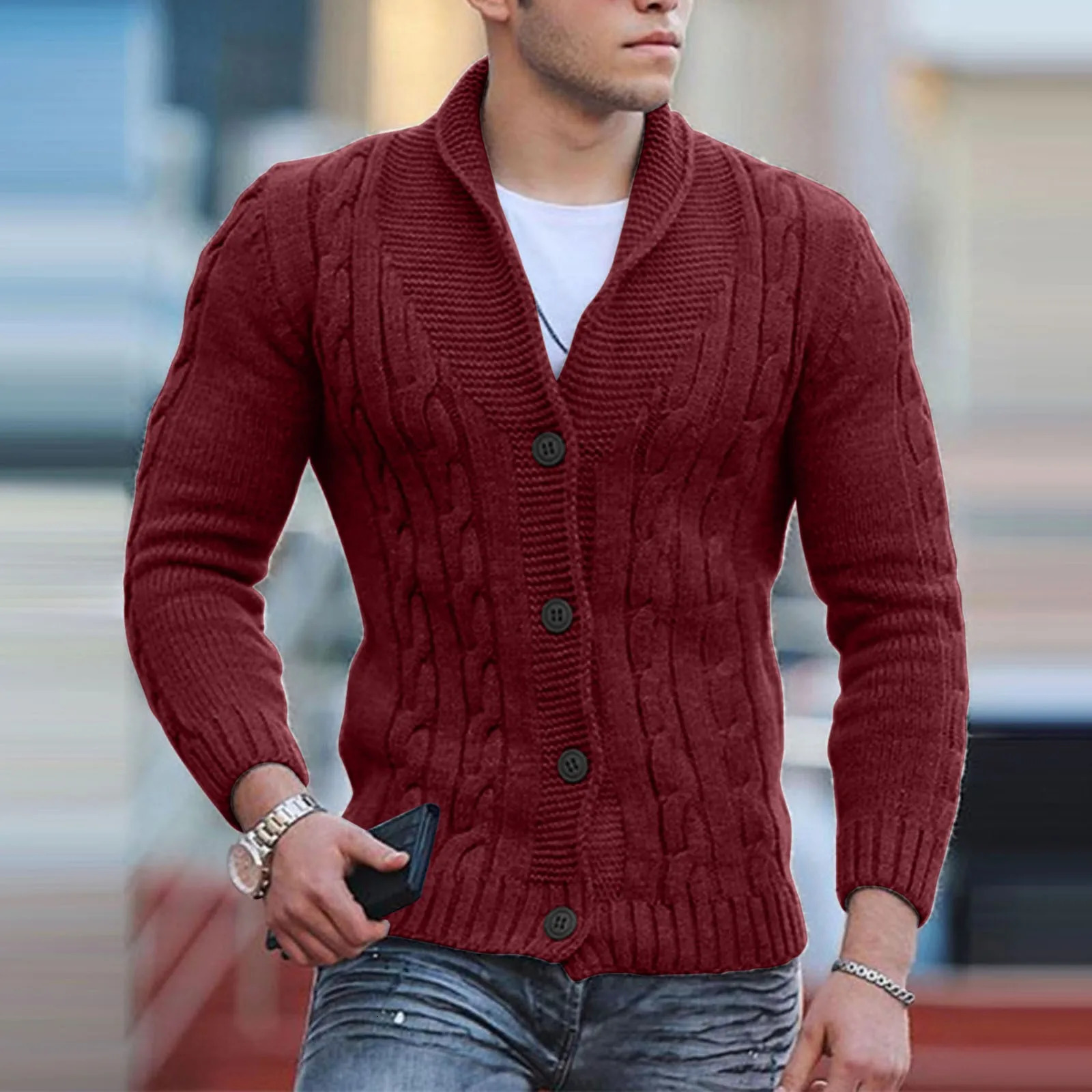 Mens Fashion England Style Knitted Cardigan Sweater Shawl Collar Loose Fit Long Sleeve Singlebreasted Cardigans 241018