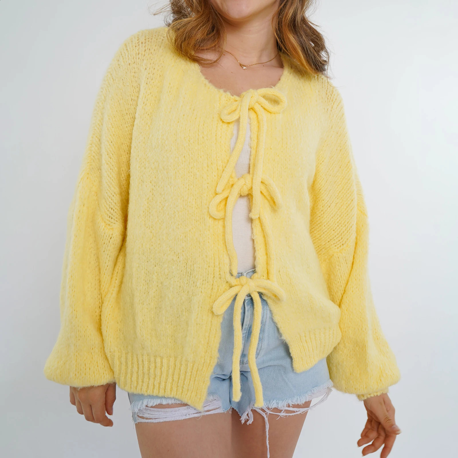 Combhasaki Womens Y2K Cute Kawaii Knitted Loose Cardigan Front Bow Tie-up Long Sleeve Solid Color Aesthetic Fall Jacket Sweater 241010