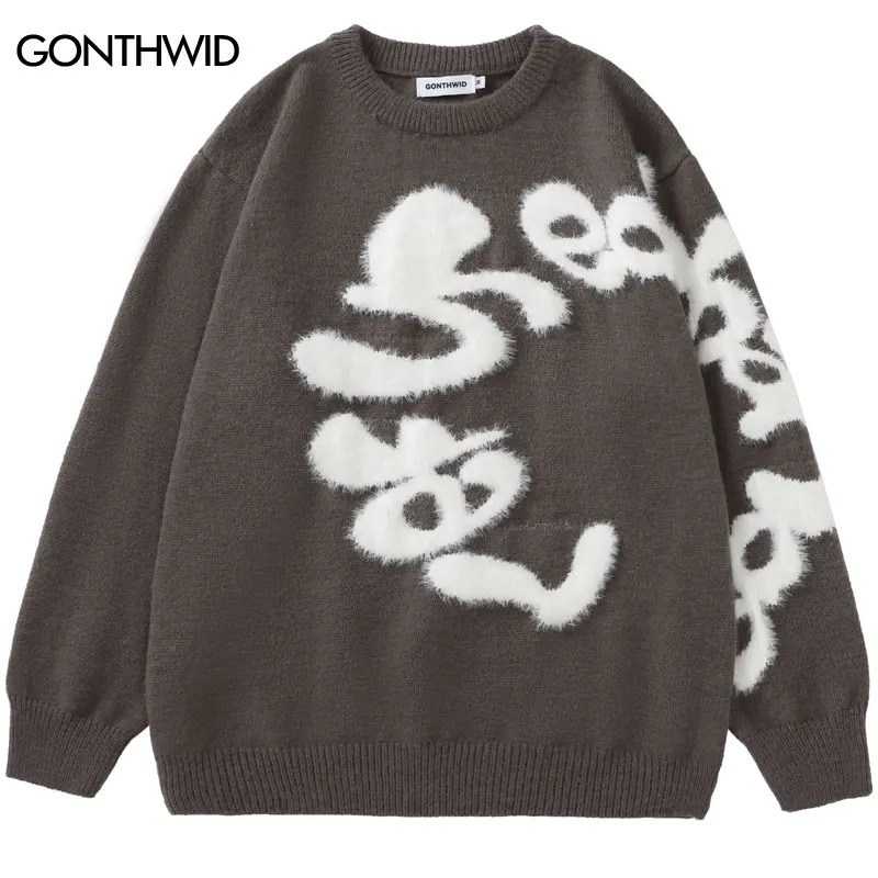 Harajuku Fluffy Letter Sweater Hip Hop Knitted Jumpers Streetwear Men Fashion Casual Loose Pullover Sweaters Knitwear 241018