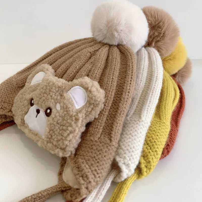 Baby Earmuff Hat Cute Bear Infant Knitted Cap Winter Pompom Kids Ear Protection Hats Toddler Thicken Woolen Caps LX241018