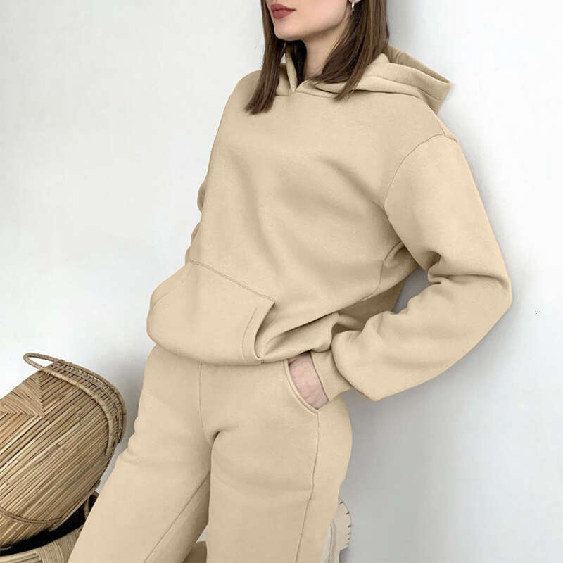Hirsionsan Soft Cotton Fleece Women Autumn Winter Thicken Warm Hoodie Sweatshirts And Pants Two Piece Sets Ladies Tracuit