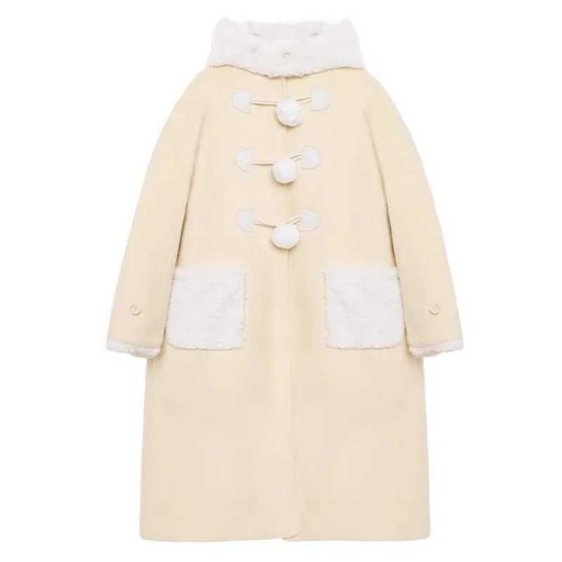 Womens Coat Milk Yellow Lamb Wool Cow Horn Button Woolen Outerwear Autumn Winter New Design Cute Sweet Female ClothingX241009