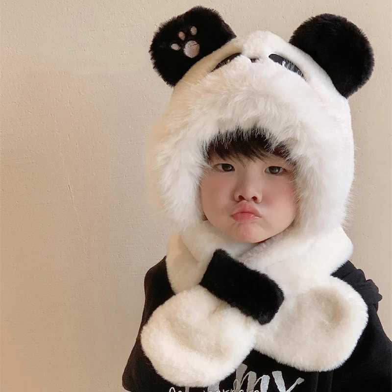 Panda Children Plush Hat Scarf One-piece Ear Protection Cap 2-8year Kids Cross Neckerchiefs Winter Warm Toddler Beanies LX241018
