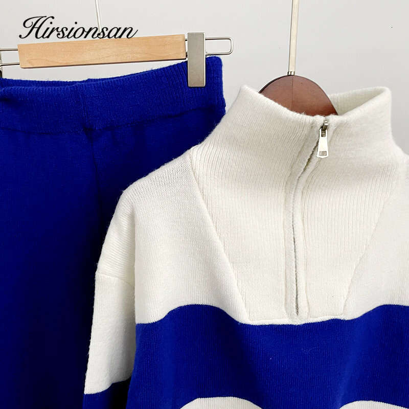 Hirsionsan 2023 Elegant Knitted Sweaters Suit Women Winter Loose Zip Collar Two Piece Sets Ladies Wide Pants Knitwear Tracuits