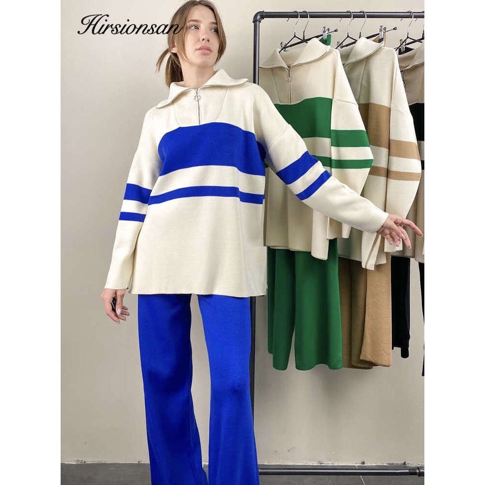 Hirsionsan Winter Cashmere Women Suits Soft 2 Pieces Cusual Female Sets Zipper Sweater & Loose Pants Knitted Outfit 2023